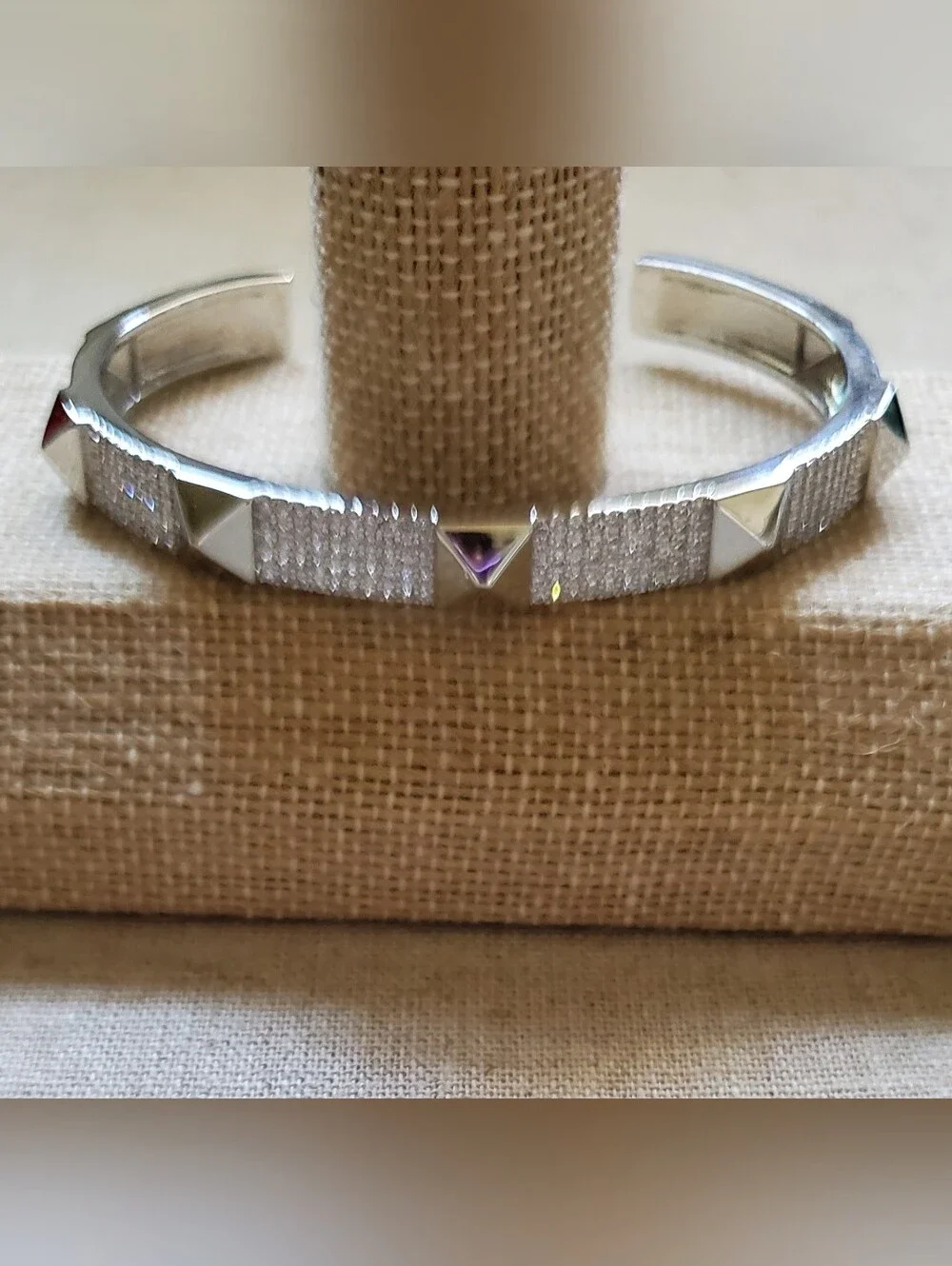 ​NEW BB Lila Bonanza Silver & Pave Pyramidal Studded Cuff Bangle Bracelet